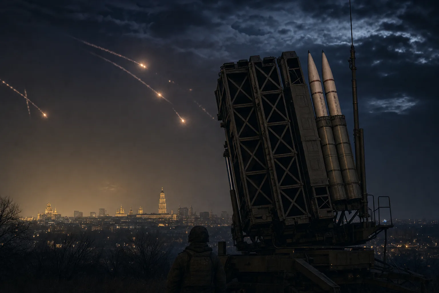 Patriot air defense launcher at night with a visibly depleted interceptor magazine above Kyiv's skyline