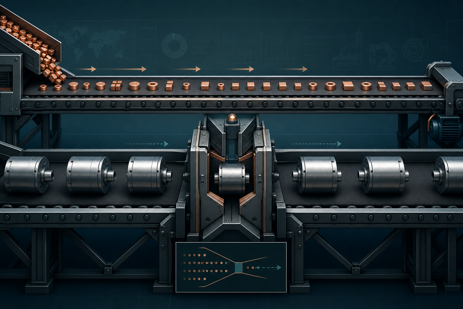 Parallel supply chains showing rare-earth magnet production bottlenecks feeding into slow Patriot interceptor output