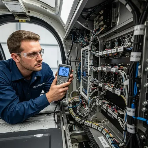 Engineer inspects avionics bay with tachometer and wiring harness visible