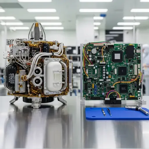 Propulsion module and avionics board staged for integration on a clean-room table