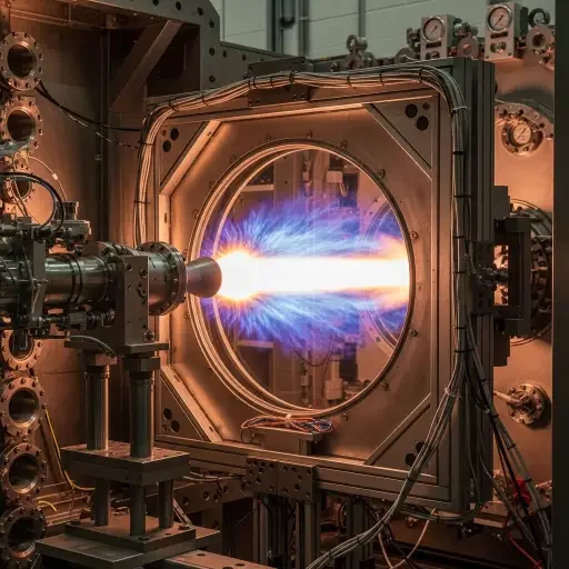 Test stand with thruster firing across a vacuum chamber window