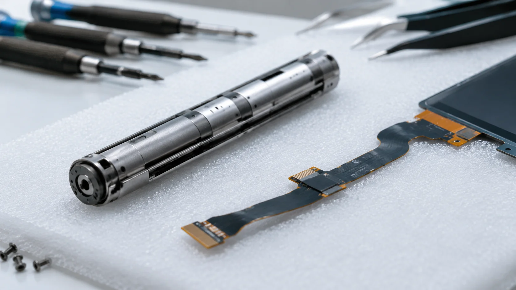 Foldable phone hinge barrel and display flex cable on an anti-static repair mat