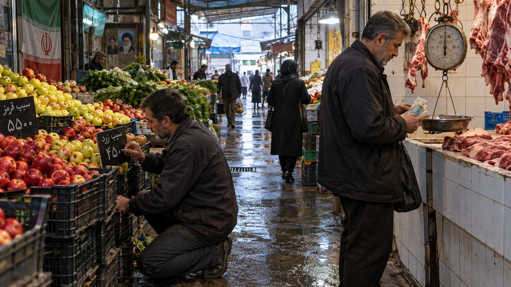 Greengrocer updating chalk price figures on stacked produce crates in a covered Tehran market alley, worn rials counted on a manual scale beside lamb cuts