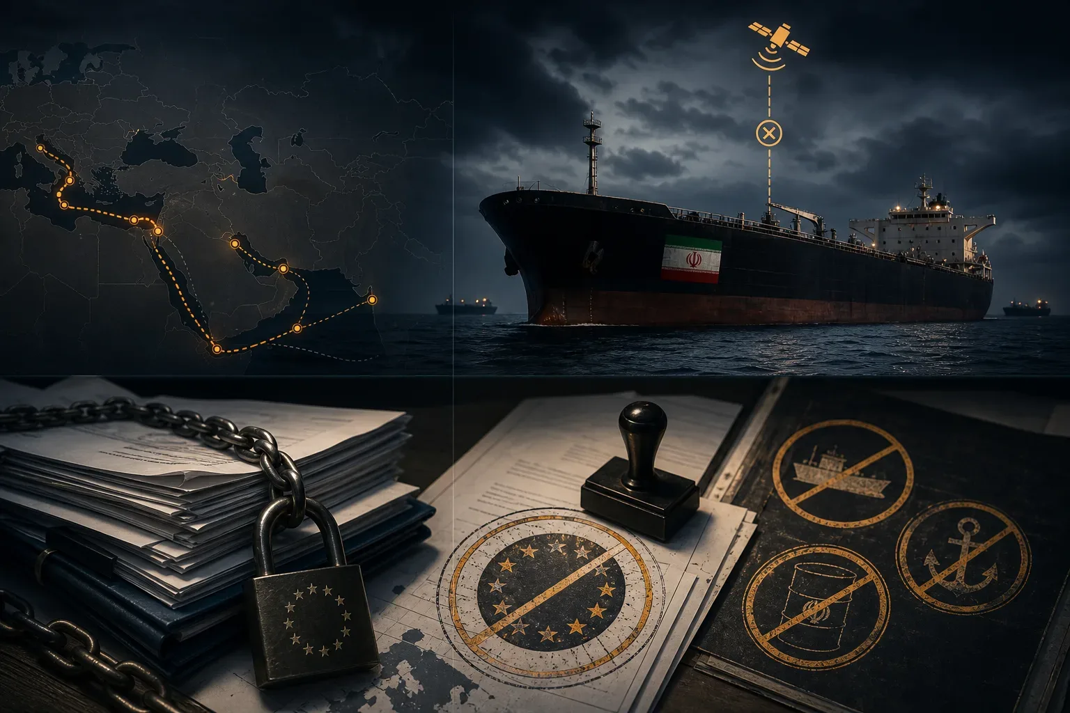 Iranian tanker with disabled AIS contrasted with blocked European maritime insurance documents