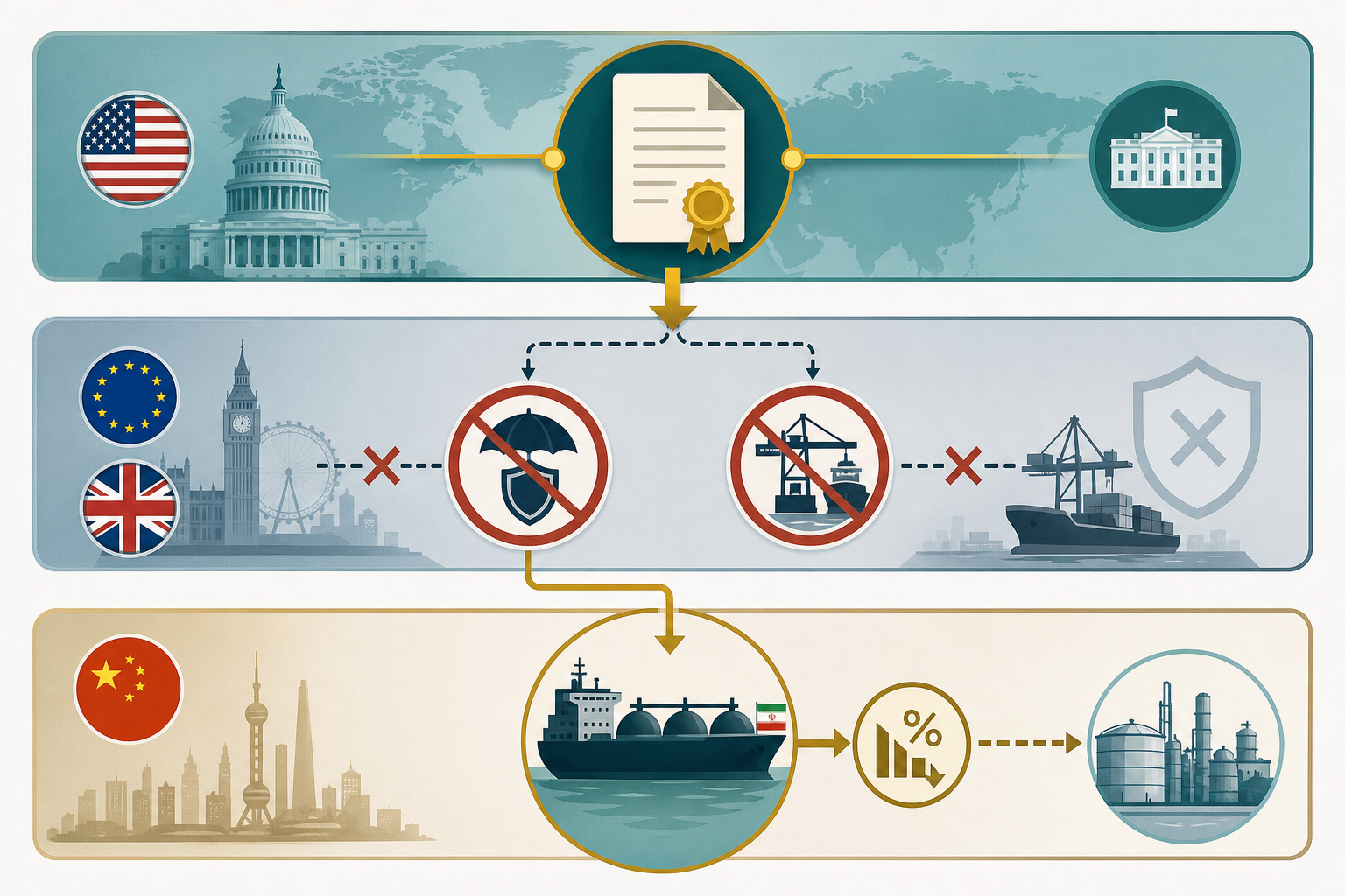 Three-layer constraint diagram showing US license, EU UK bans, and China fallback