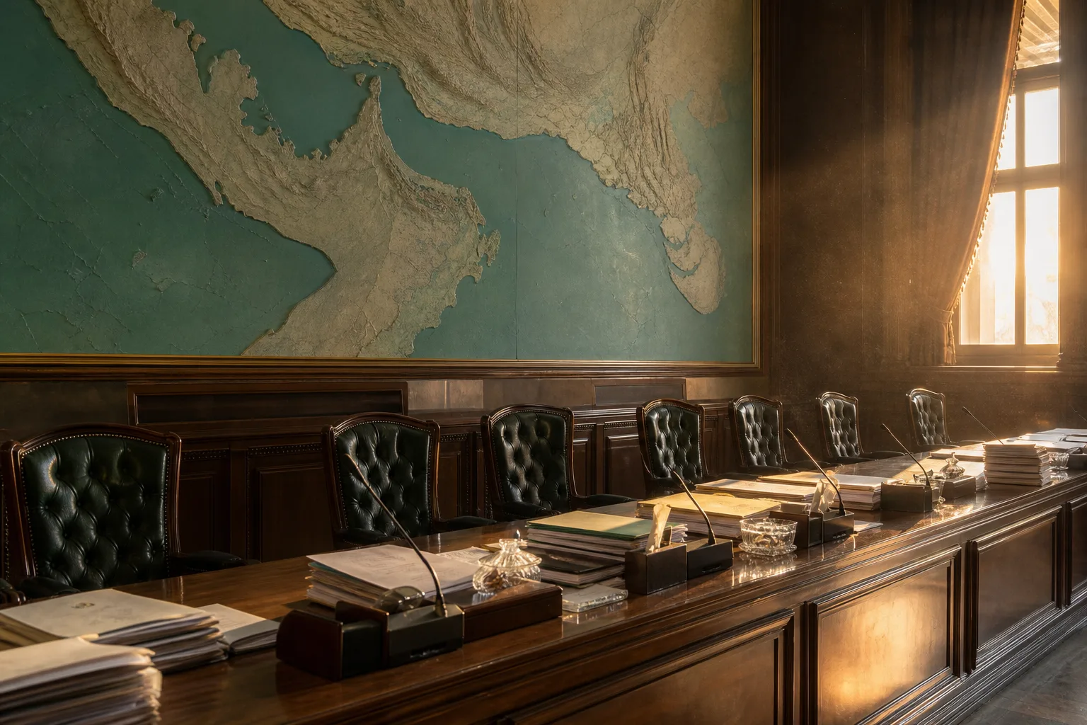 Empty parliamentary committee chamber with a large unlabeled nautical wall map of a gulf waterway and folders on a long wooden table in late sun