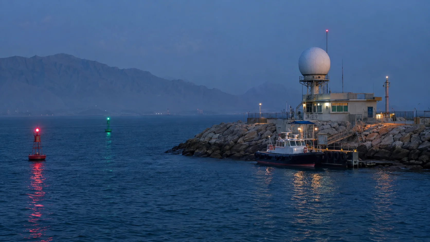 VTS radar dome and pilot station on the Hormuz coast at blue hour, empty fairway buoys and a moored pilot launch