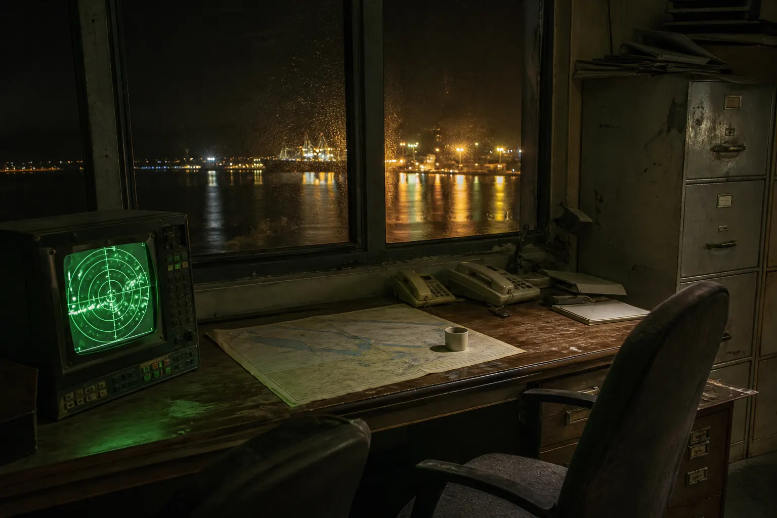 Empty night maritime coordination office overlooking harbor lights, green radar glow on an unattended desk with a paper strait chart