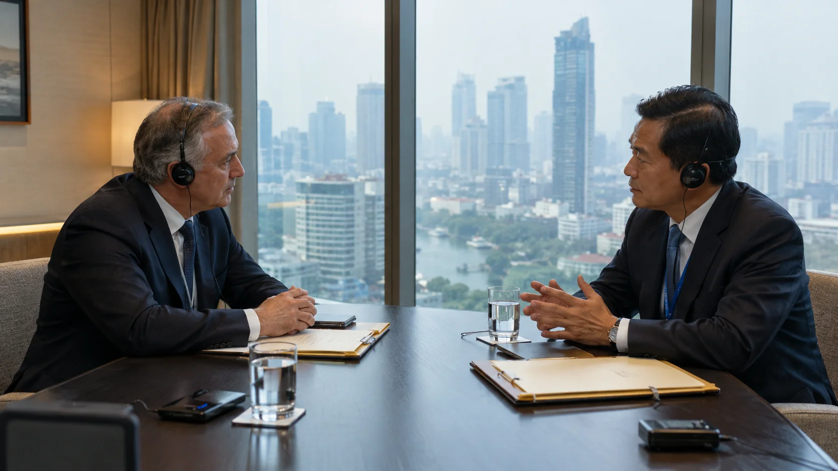 Side meeting room at a Bangkok convention hotel during IMF week, two central bankers across a small table with interpreter headsets and briefing folders, hazy skyline through tall windows