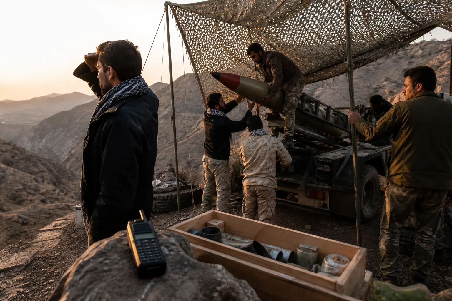 A canyon missile crew at dusk assembling a rocket under camouflage netting, a handheld radio on a rock