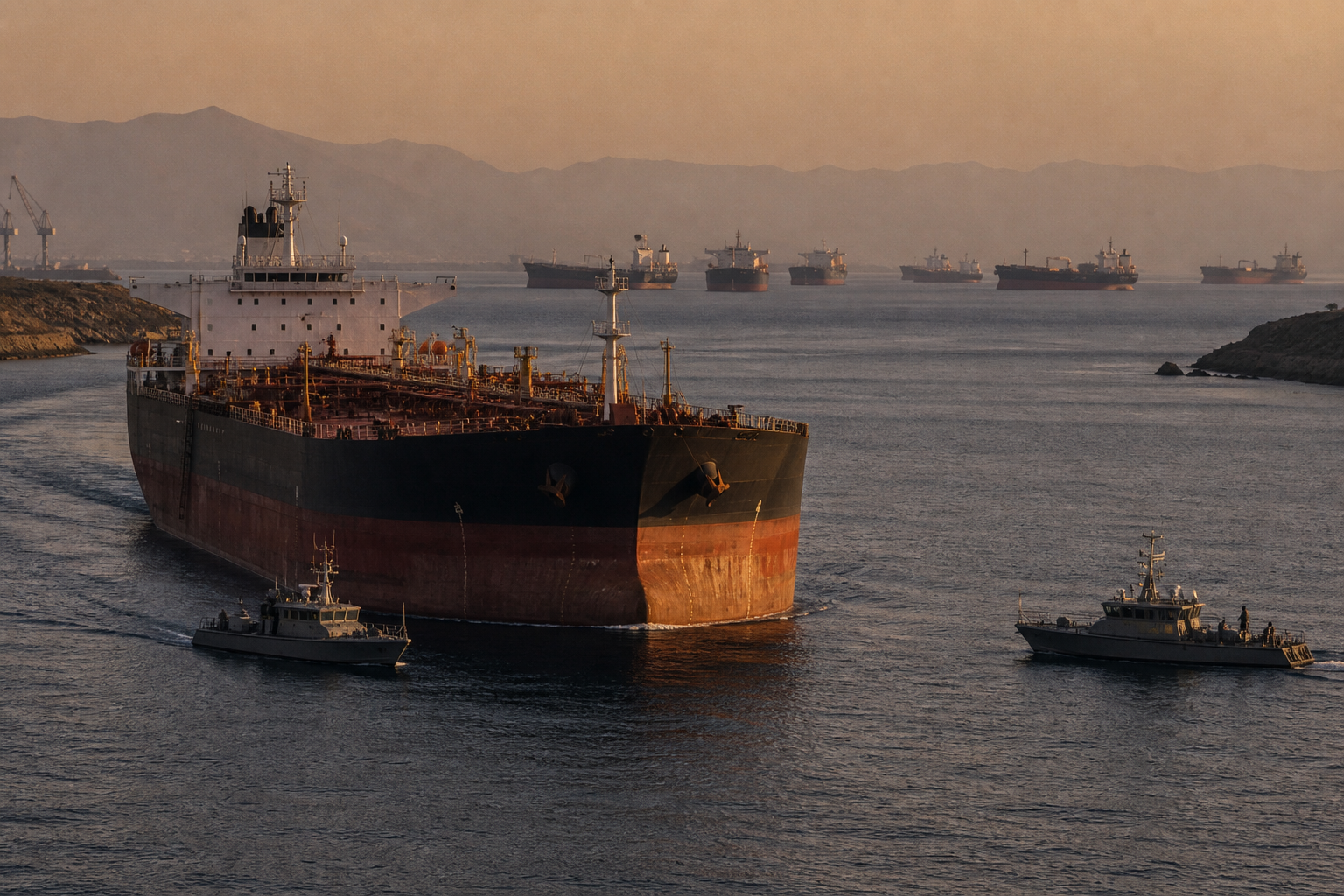 A single crude tanker moving through a hazy Gulf channel under escort of small patrol boats while other hulls wait on the horizon