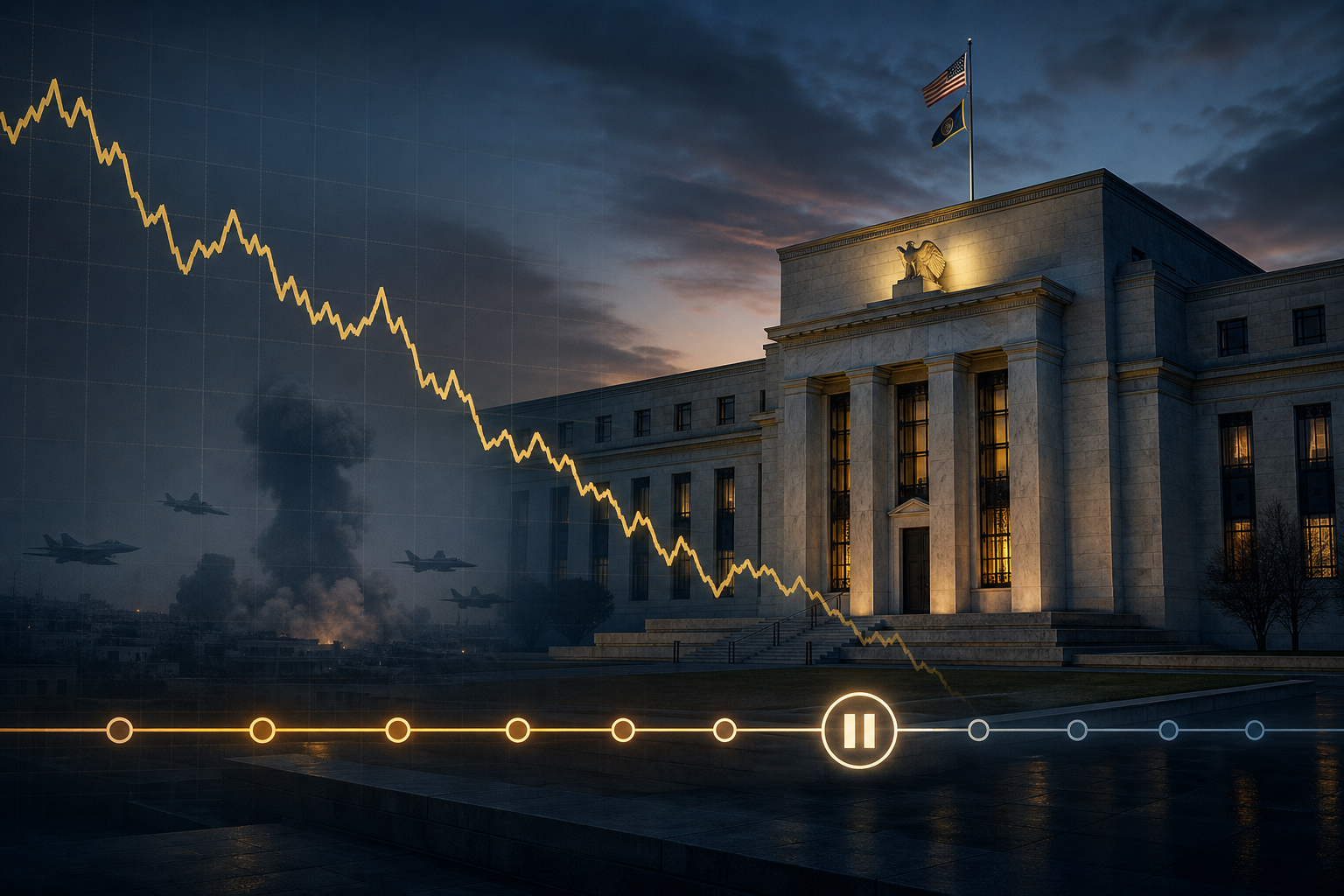 Federal Reserve building at dusk with falling oil price chart overlay suggesting policy and energy tension