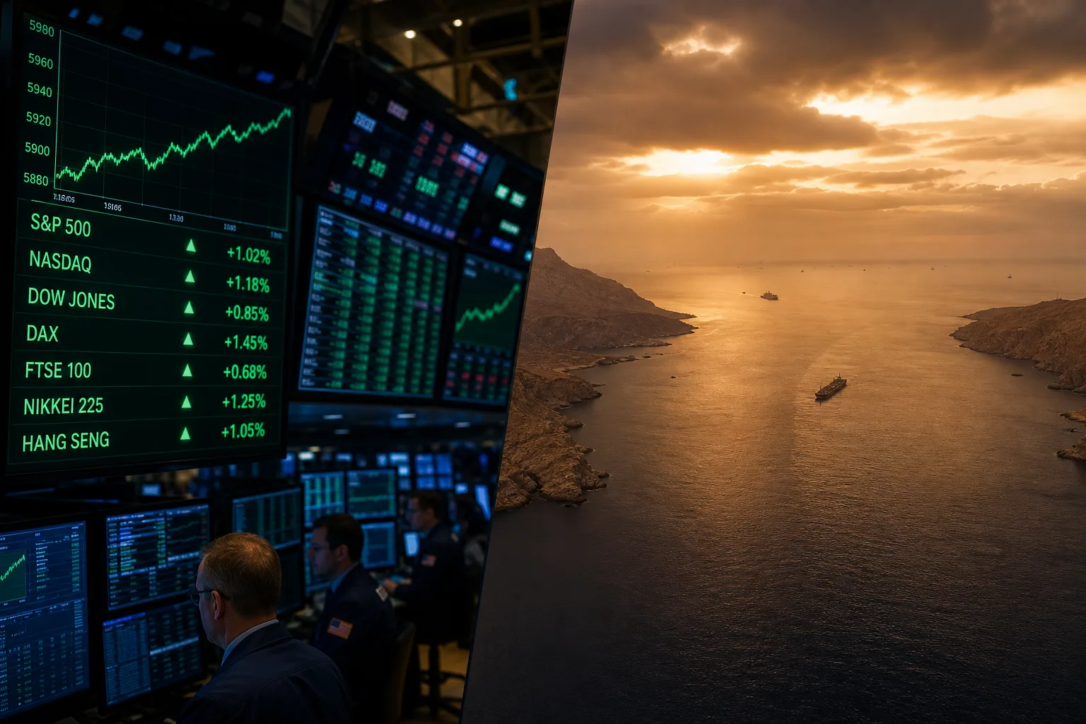 Split view of rising stock market tickers beside an nearly empty Strait of Hormuz with few tankers visible at sunset