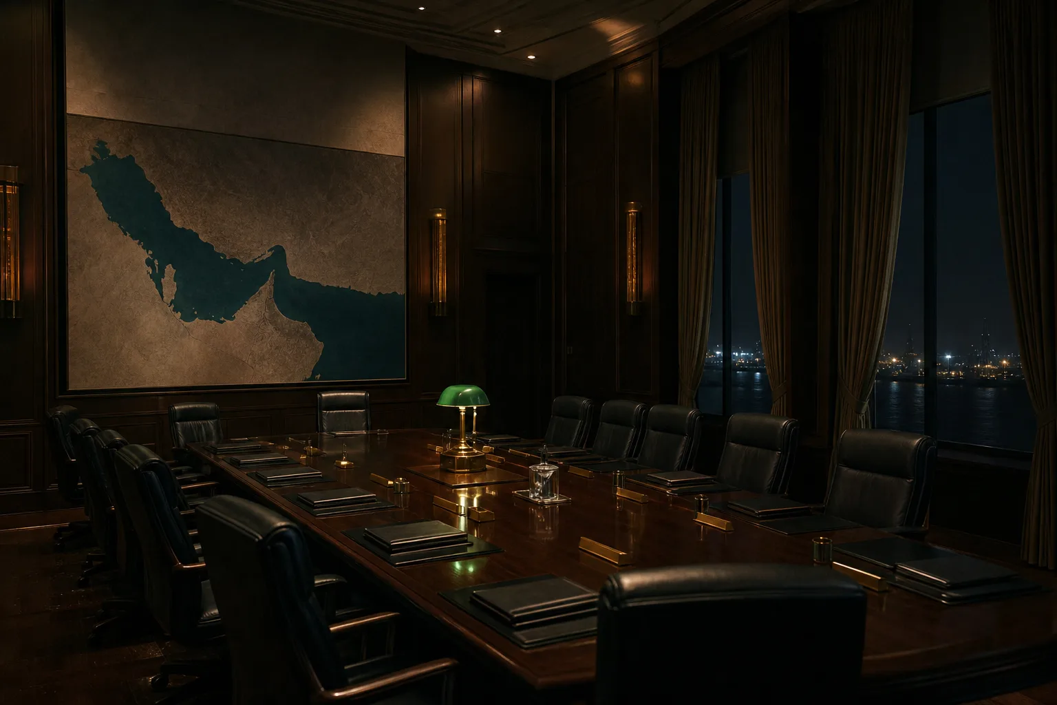 Empty national security council chamber at night: long table, vacant chairs, a wall chart of the Gulf without legible labels