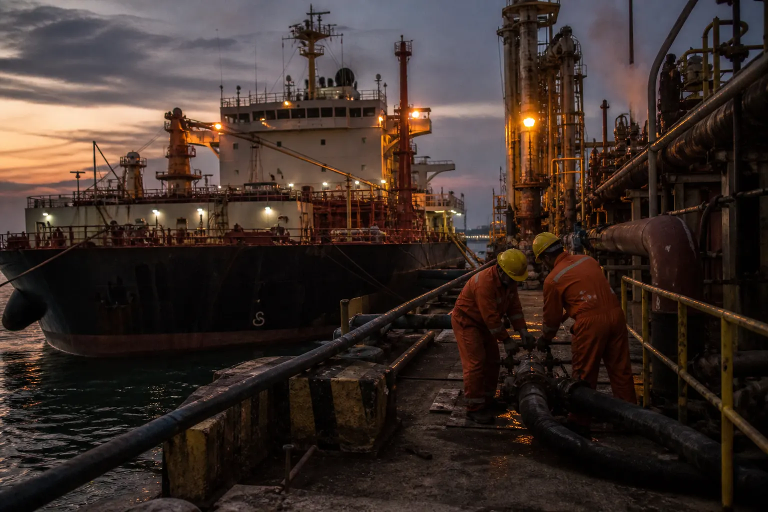 Workers connecting loading hoses from a dark-hulled tanker at a Chinese coastal refinery jetty at dusk