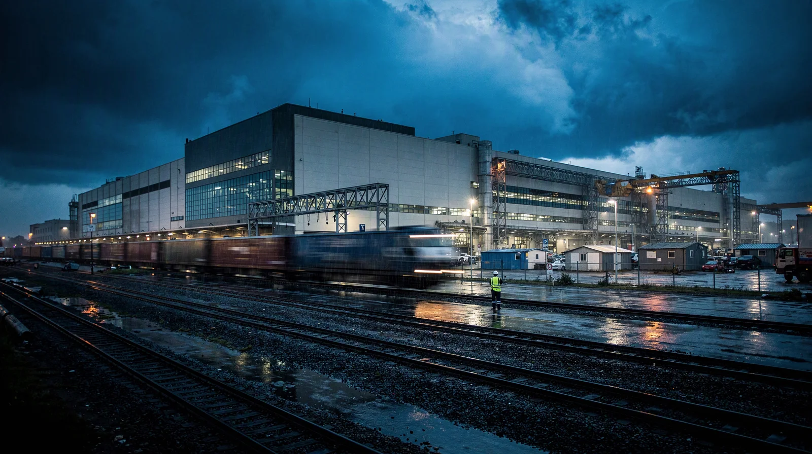 A long freight train passes an industrial vehicle plant at blue hour, rain catching amber lights on tracks and steel, cinematic editorial photograph without logos or text