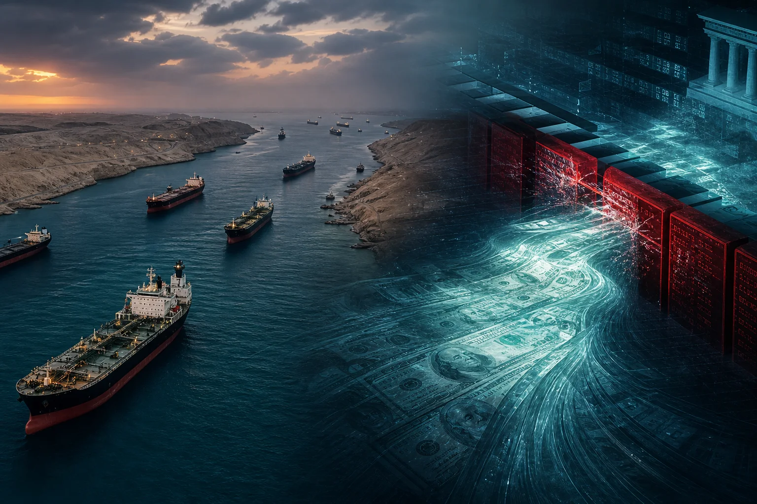 Split view of oil tankers in the Strait of Hormuz beside interrupted dollar liquidity flows blocked by sanction barriers