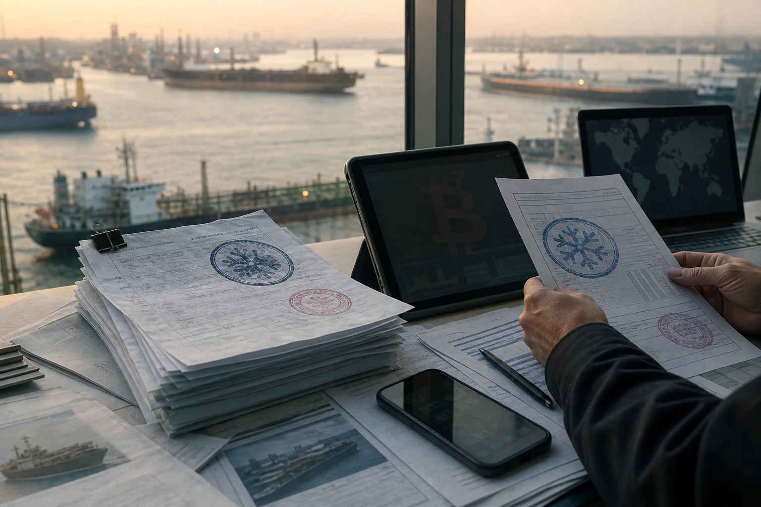 Maritime insurance documents and compliance screens on a shipping desk overlooking Gulf tankers at harbor