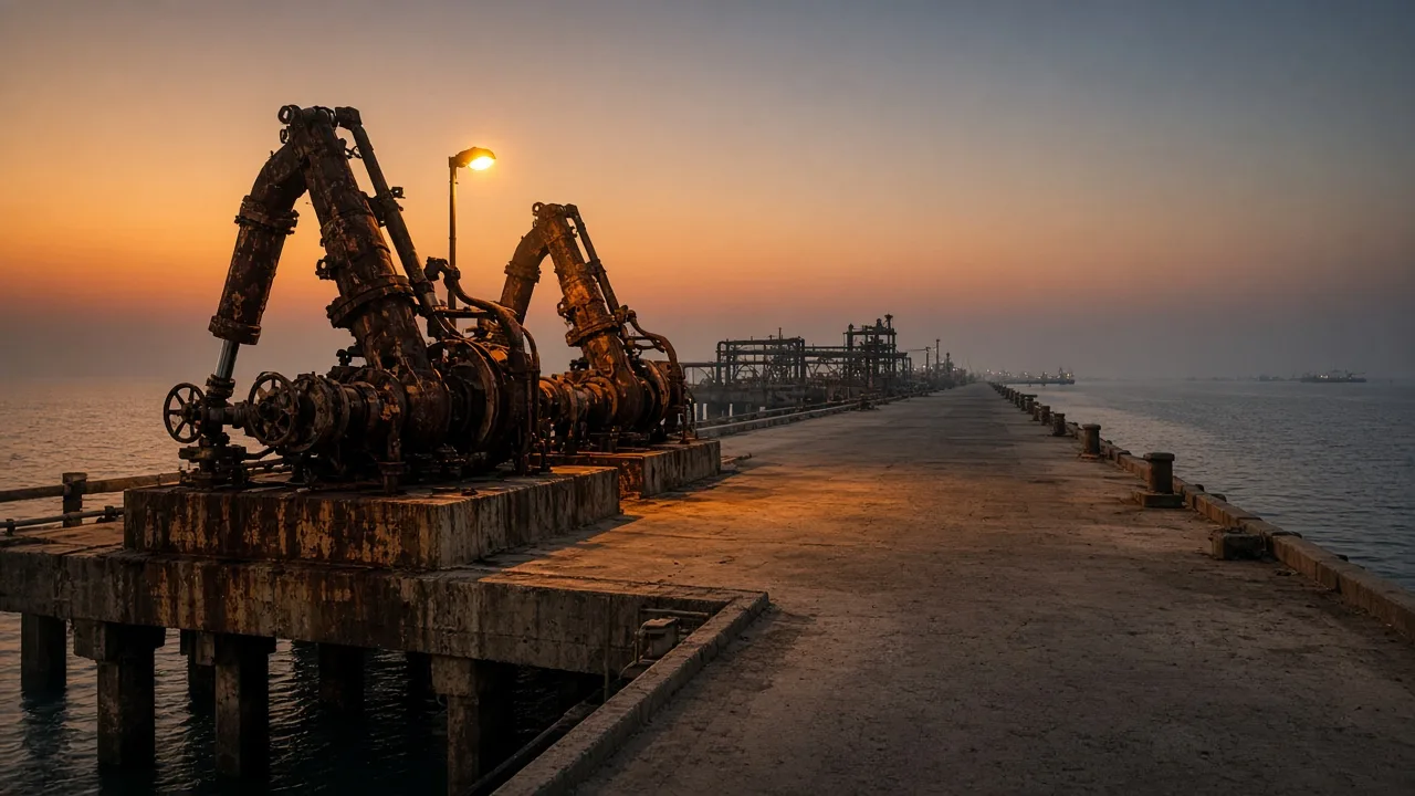 Empty fuel-oil loading arms over a southern Iraq jetty at dusk