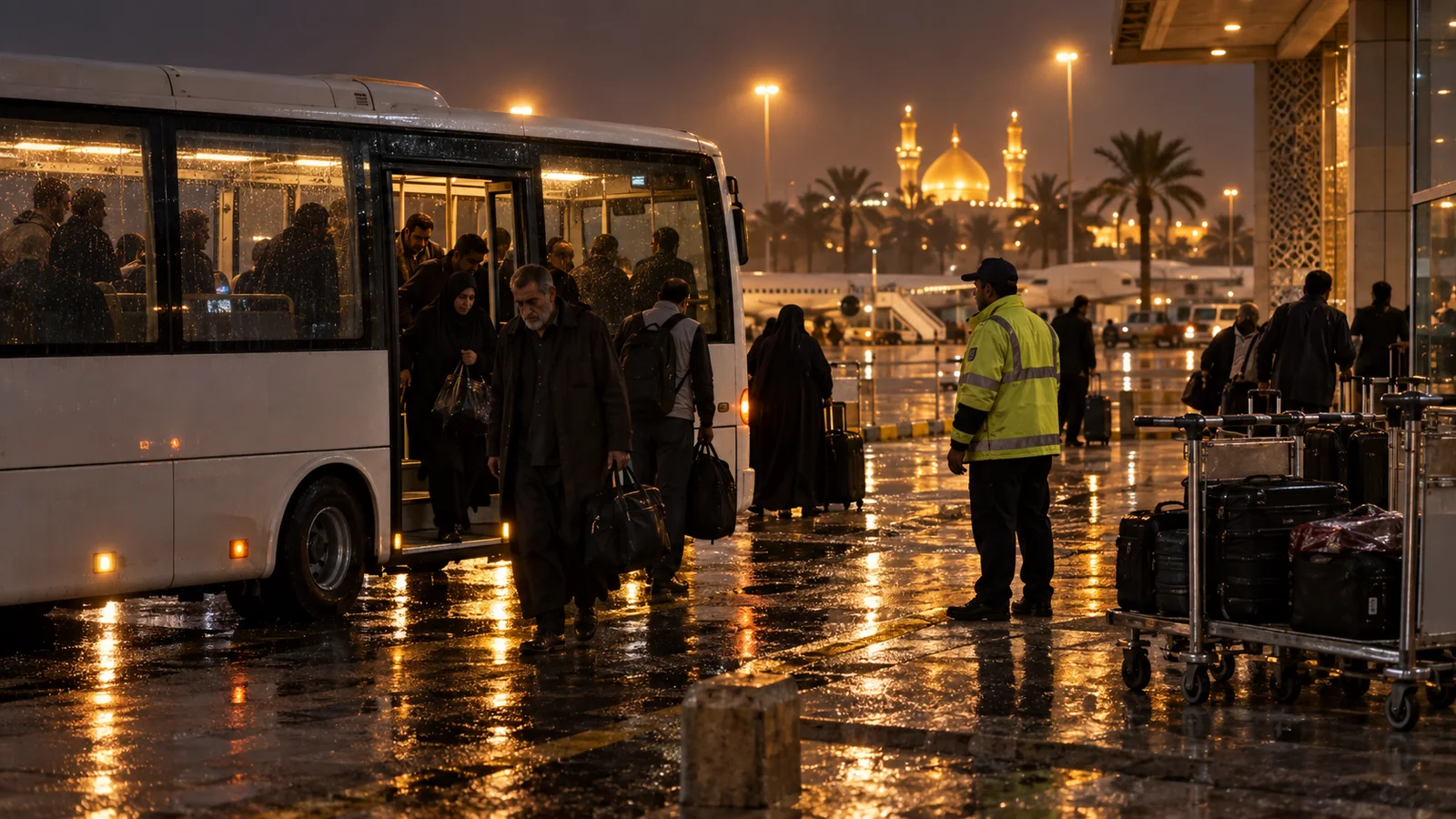 Pilgrims disembarking from an airport shuttle at a rain-wet terminal curb at night, with luggage carts, an airport worker, and a glowing shrine dome beyond palm trees