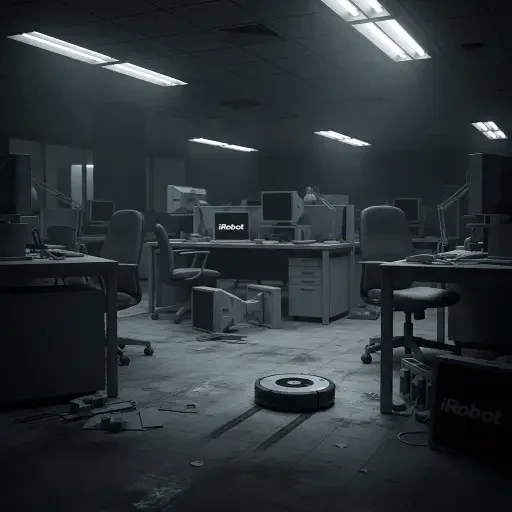 An abandoned iRobot corporate office with empty desks and a single Roomba autonomously cleaning the floor, symbolizing the technology outliving its creator