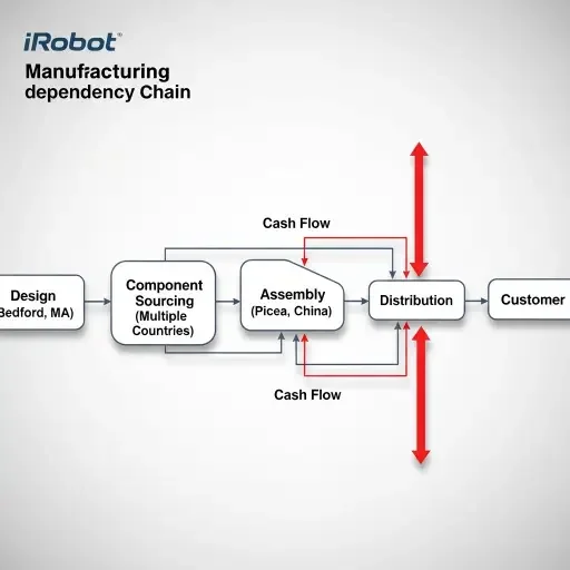 Flowchart showing iRobot's manufacturing dependency chain: Design (Bedford, MA) → Component Sourcing (Multiple Countries) → Assembly (Picea, China) → Distribution → Customer, with red arrows showing cash flowing to Picea at multiple stages