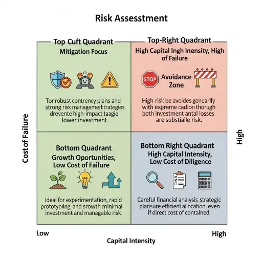 Risk assessment matrix mapping Capital Intensity (high/low) against Manufacturing Control (owned/outsourced), with representative robotics companies placed by survival outcomes