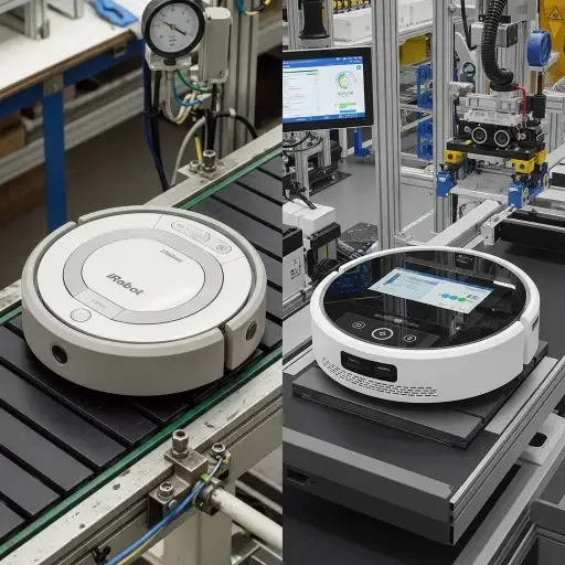 Split-screen comparison showing a Roomba from 2002 next to a modern Chinese competitor robot, both on a factory assembly line
