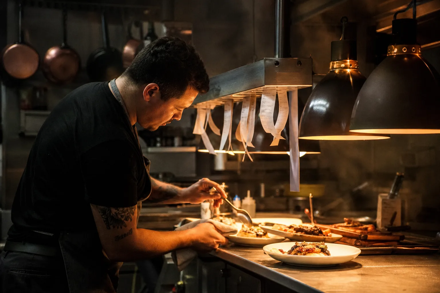 A restaurant kitchen pass under heat lamps, plates waiting, and a crowded ticket rail during dinner service