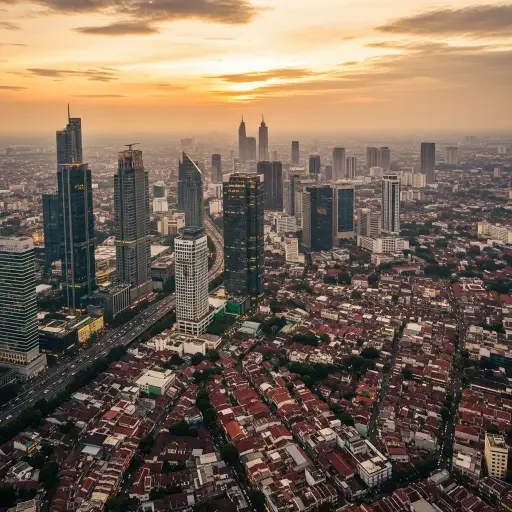 Aerial view of Jakarta's dense urban sprawl at sunset, showing the contrast between gleaming skyscrapers and traditional neighborhoods spreading to the horizon