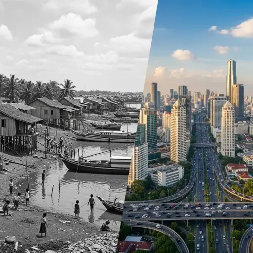 Historic photo comparison showing Jakarta's transformation from 1970s fishing villages to today's megacity skyline