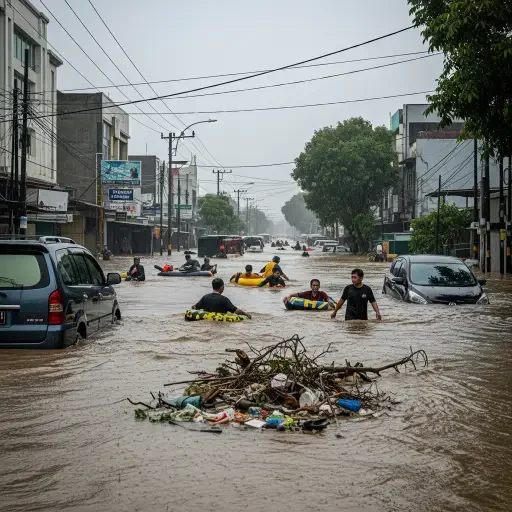 Jakarta's flooding problem - streets turned to rivers during monsoon season, with residents wading through waist-deep water