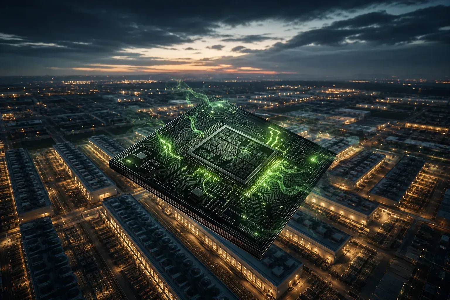 Custom AI inference processor die above gigawatt-scale data center infrastructure, evoking silicon as strategic national asset
