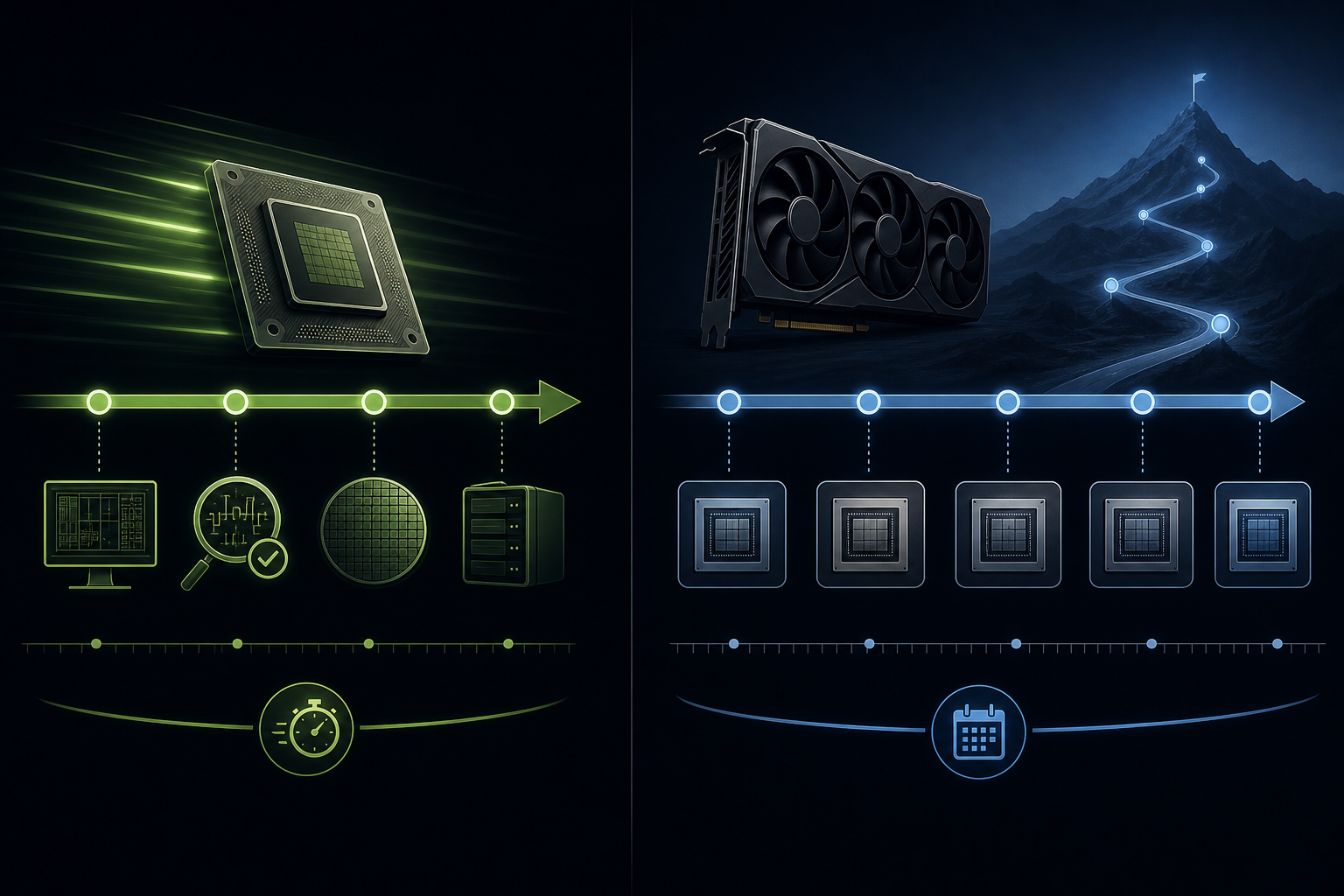 Timeline comparison contrasting a nine-month ASIC tape-out sprint against a multi-year GPU product roadmap with deployment milestones