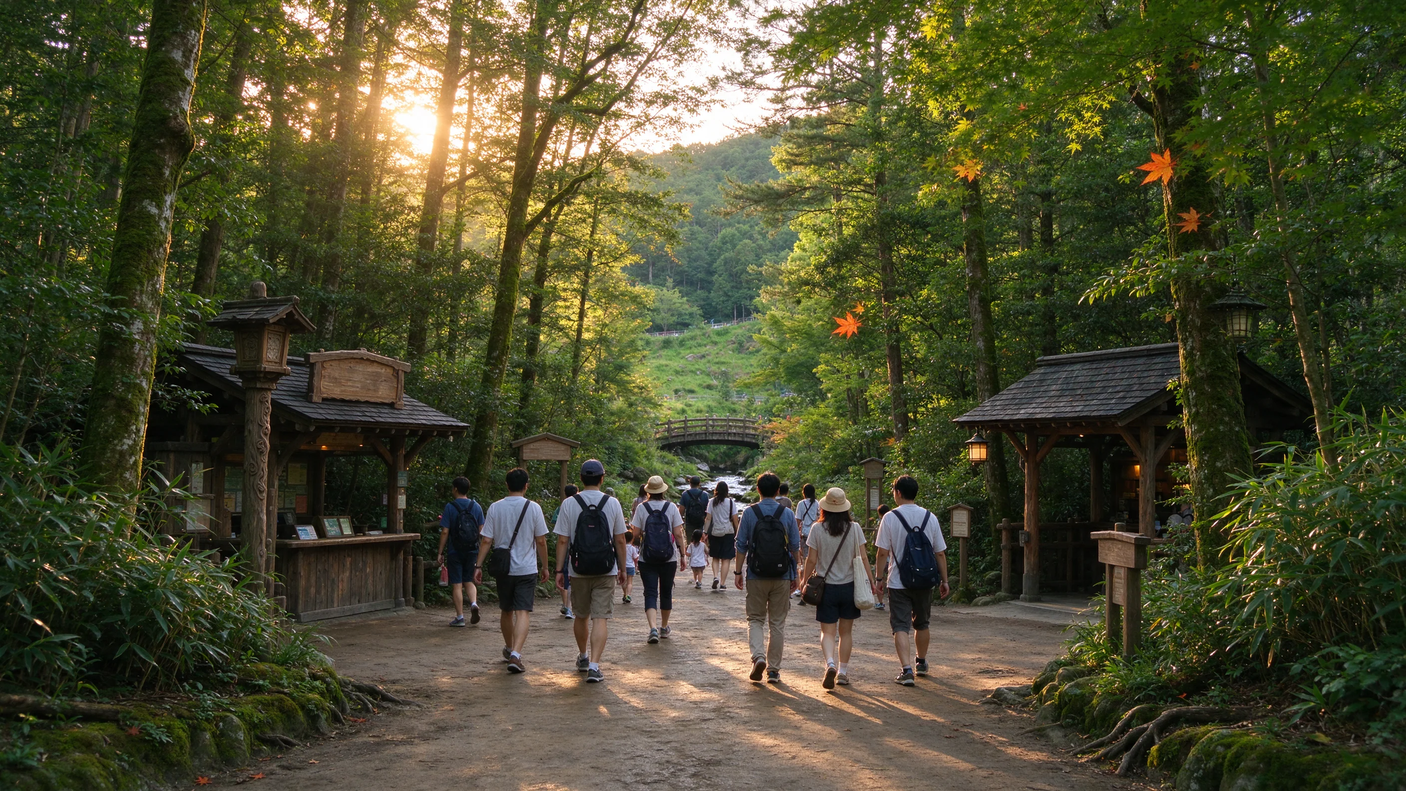 Families on a forest theme-park path in rural Japan at late afternoon