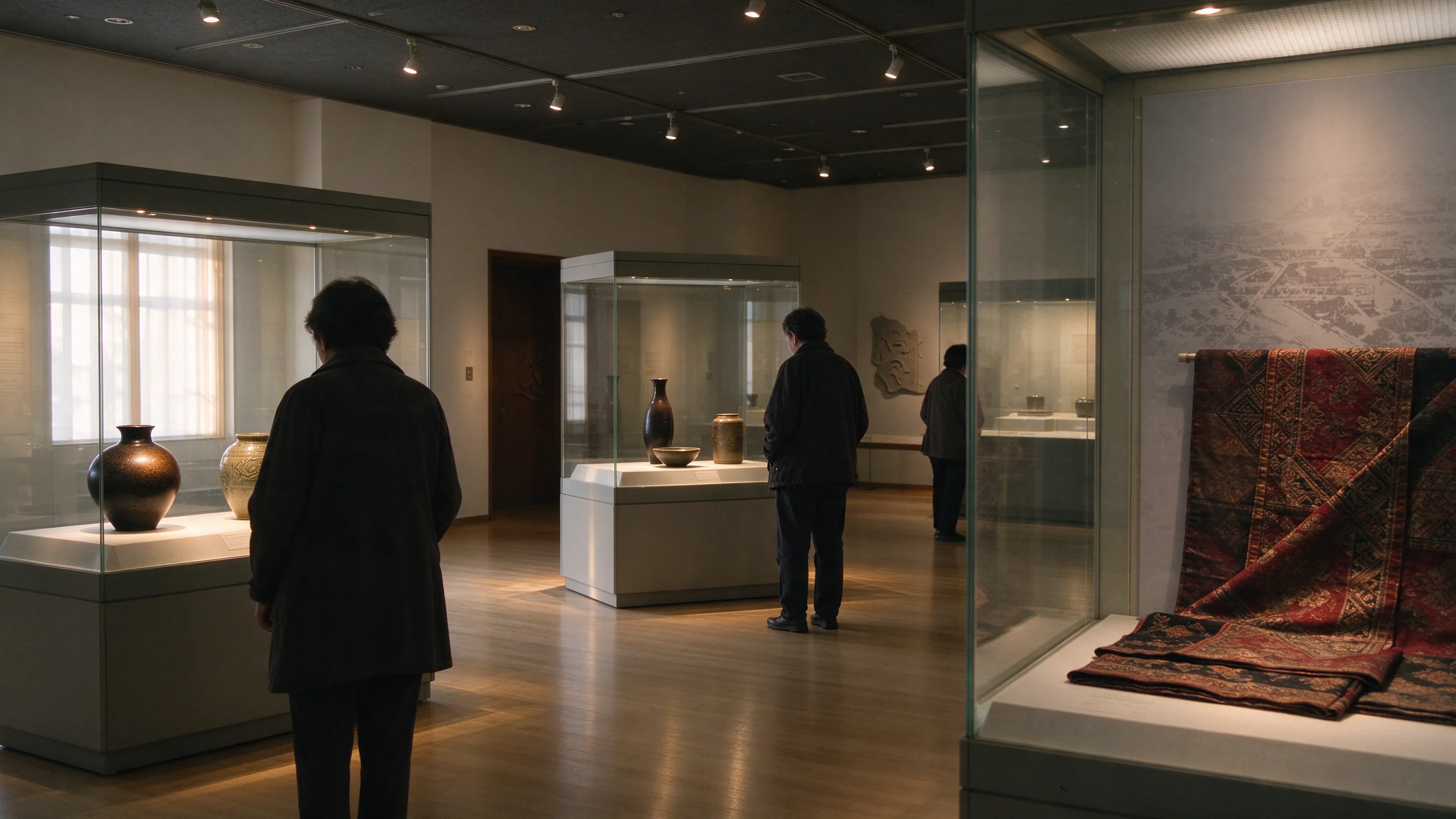 Visitors viewing ceramics and textiles in a regional Japanese museum gallery