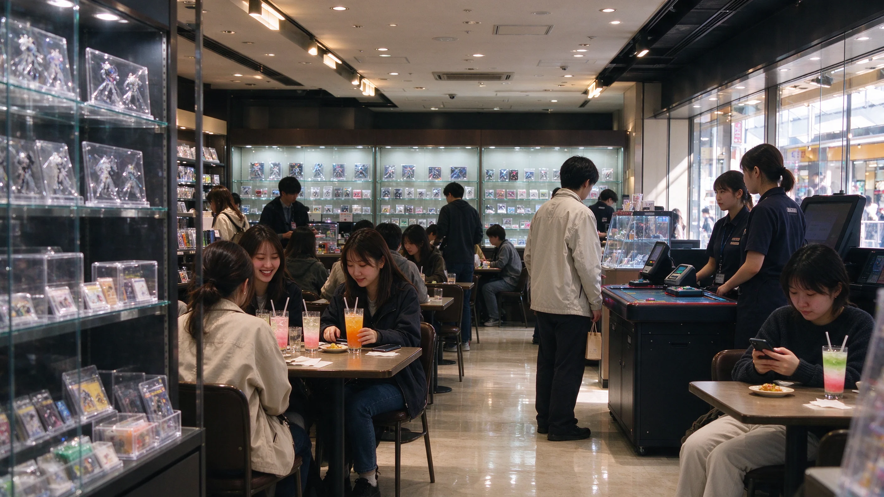 Shoppers and café tables on a busy Osaka department-store entertainment floor