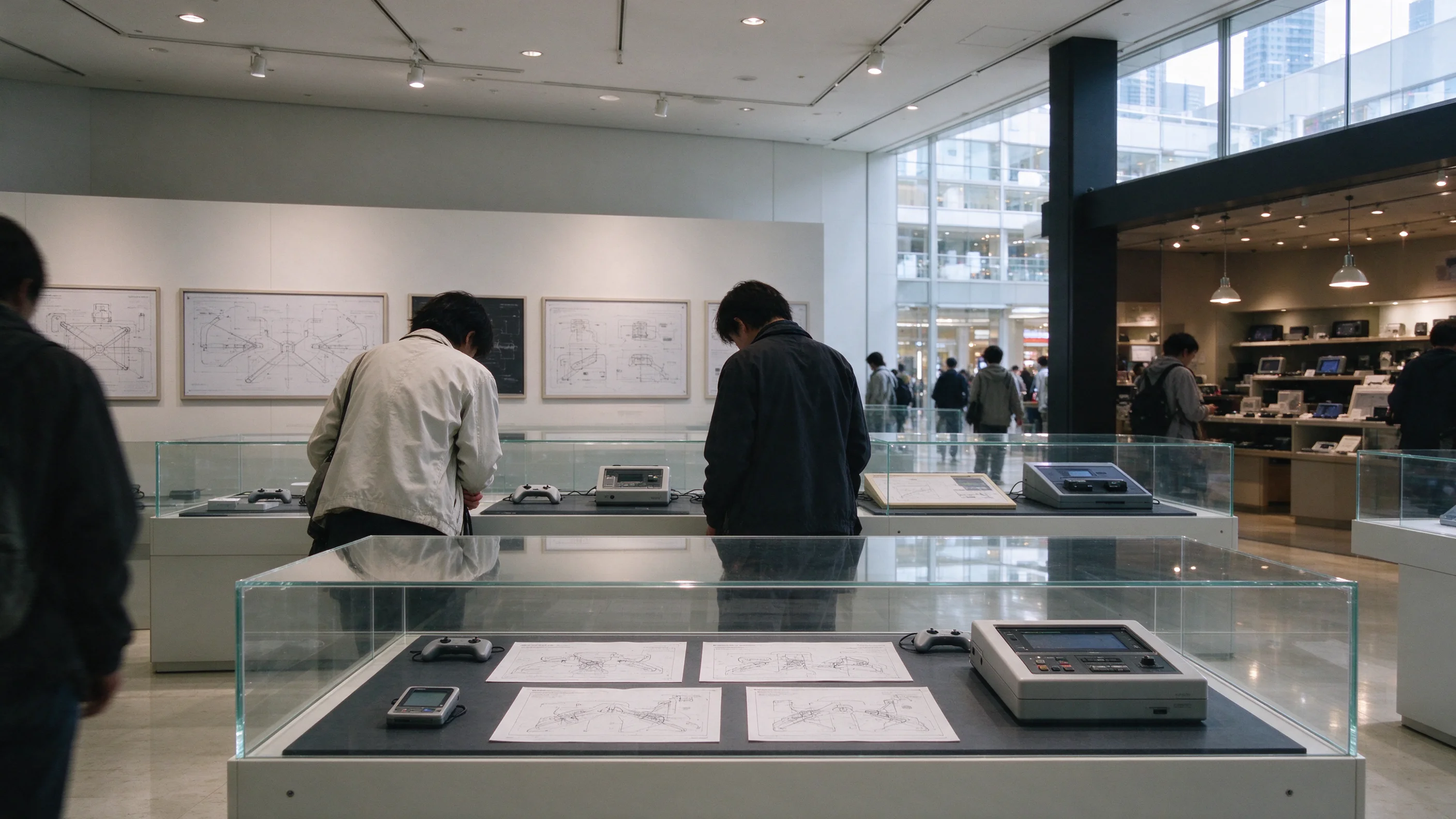 Visitors in a Tokyo shopping-complex exhibition hall studying archival game design and hardware in glass cases