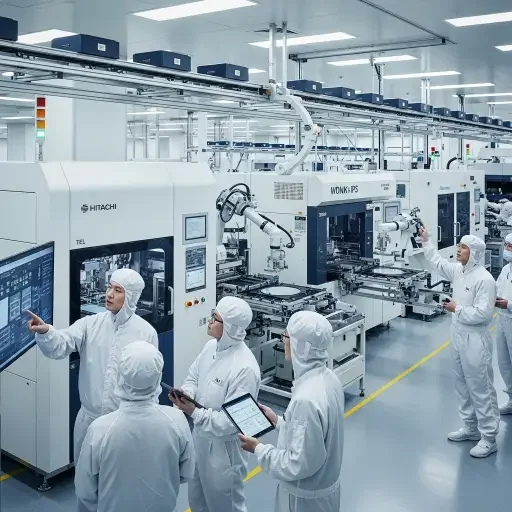 Semiconductor fabrication facility floor with wafer processing equipment, representing Japan-South Korea technological cooperation and manufacturing integration