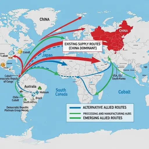 World map highlighting critical mineral supply chains with arrows showing dependencies from China to Japan and South Korea, contrasted with emerging alternative routes through allied nations