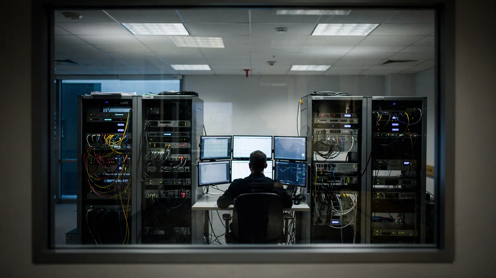 A technician works beside isolated network equipment in a low-lit data-center corridor
