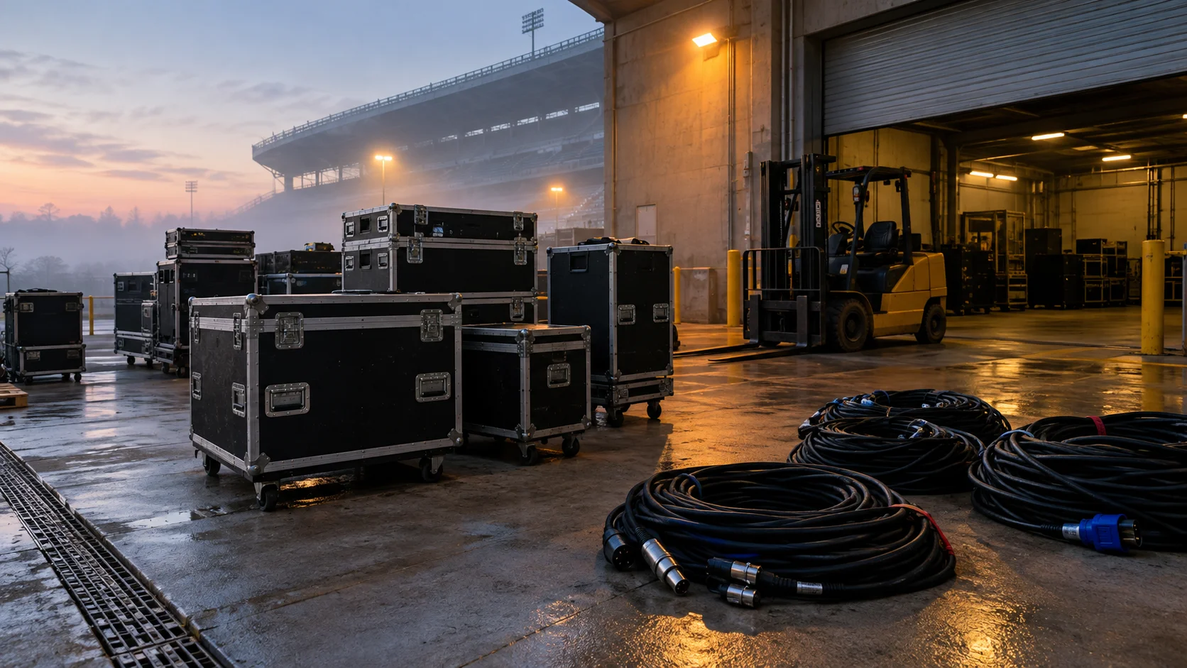 Backstage flight cases and coiled cable snakes on a stadium loading ramp at dawn before a major concert build