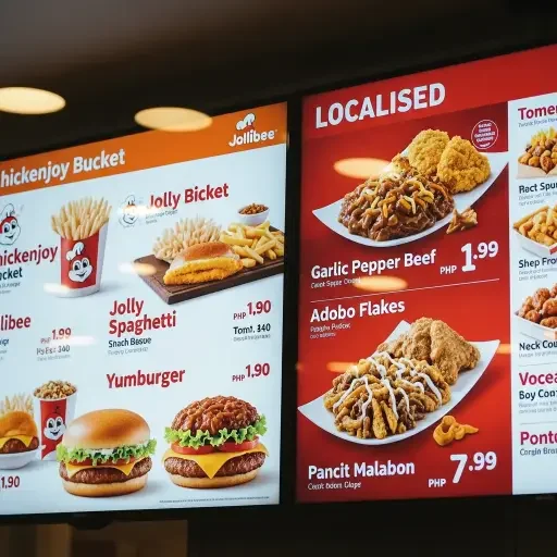Close-up of Jollibee menu board showing localized menu items beside global favorites