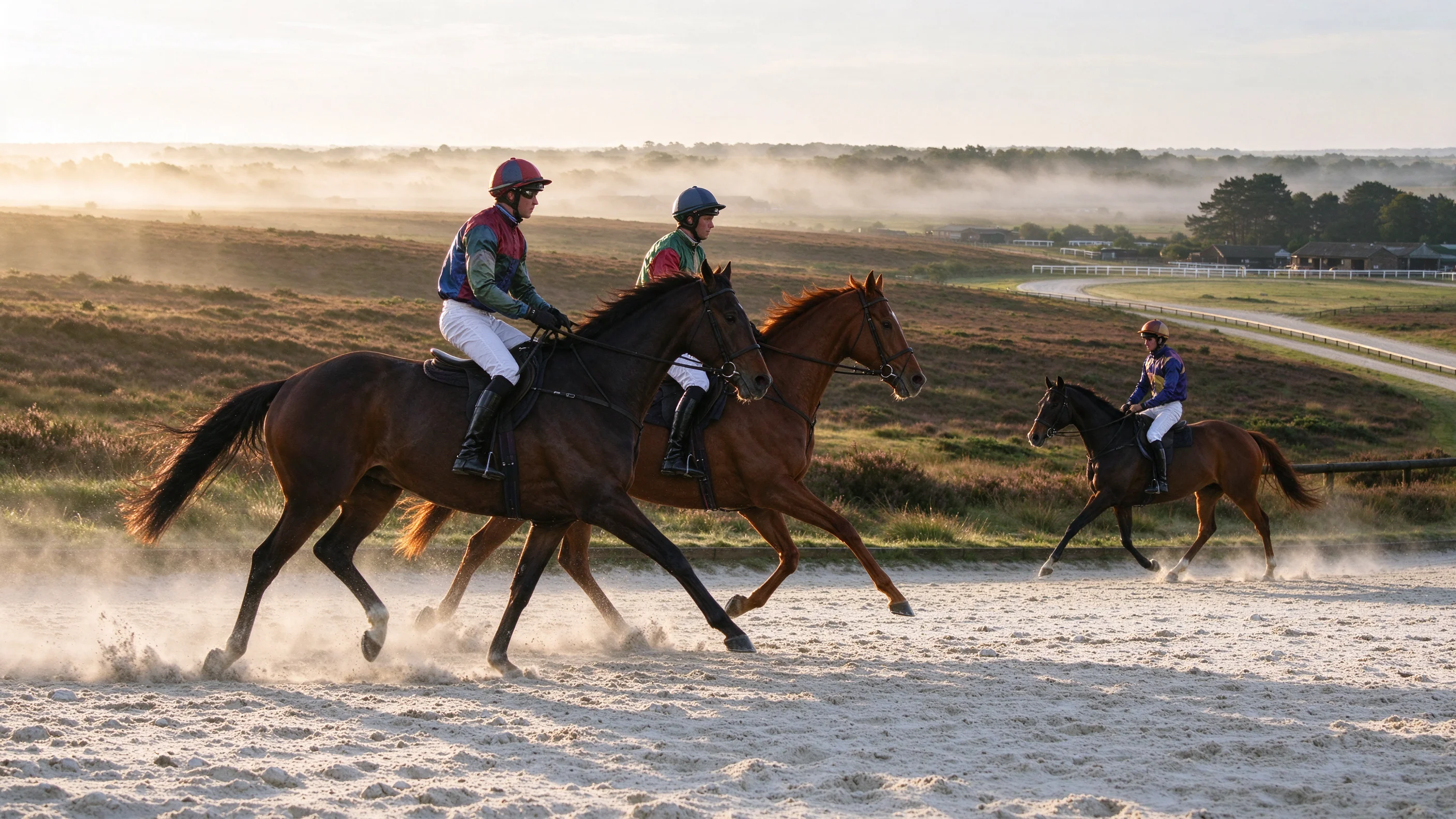 Early morning on British chalk gallops with thoroughbreds exercising in pairs under low mist
