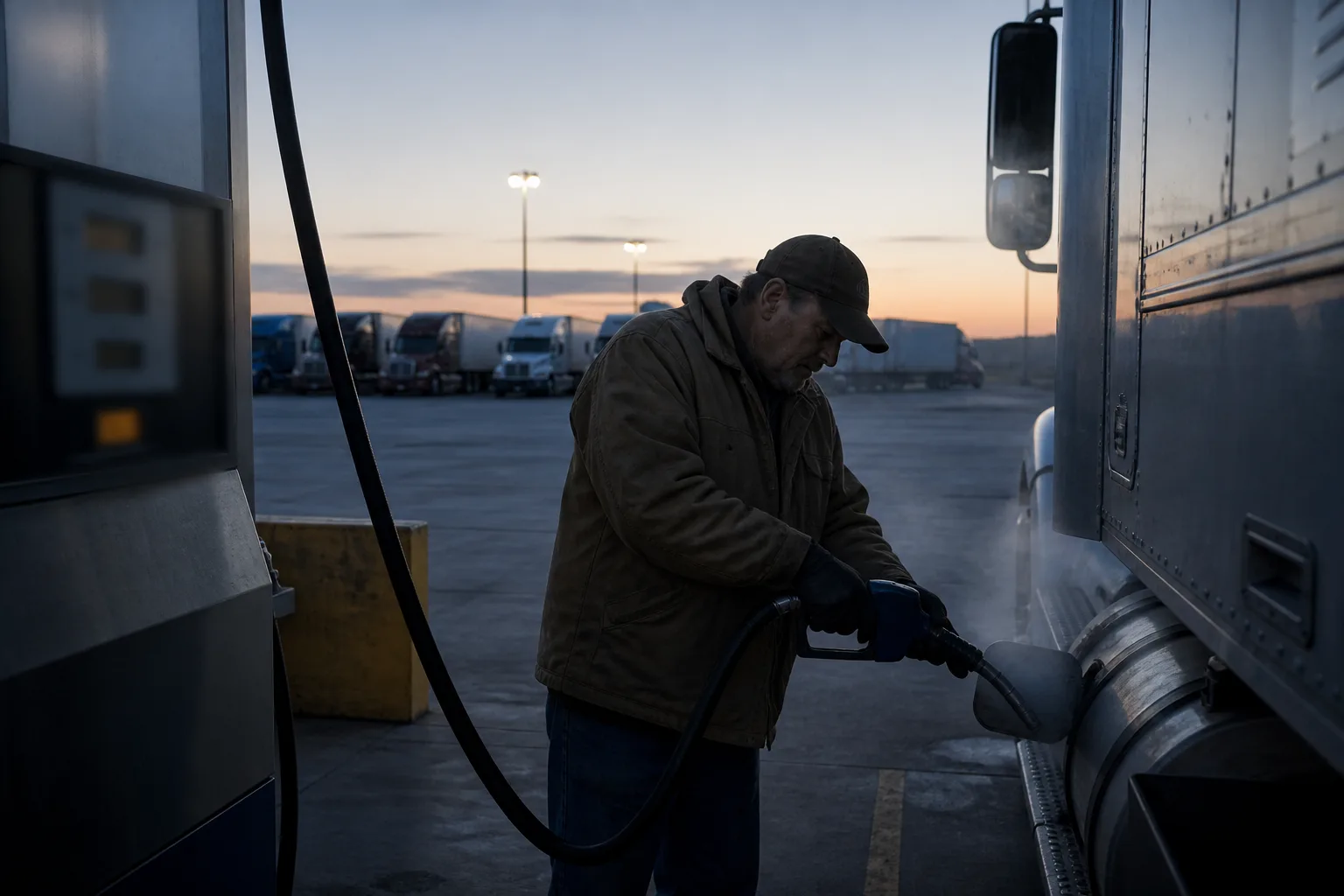A long-haul driver filling a semi at a truck-stop diesel island under sodium lamps at first light