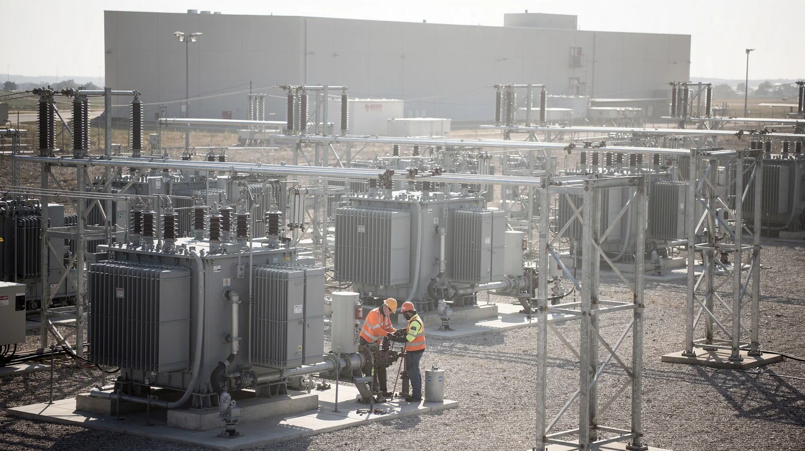 Crew working at an outdoor substation beside transformers feeding a windowless data-hall campus