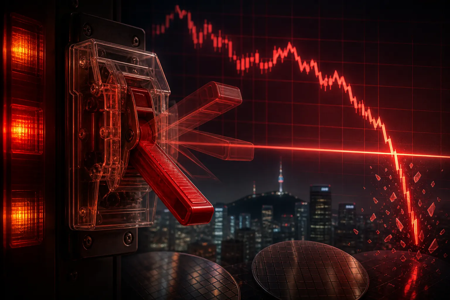 Glowing red KOSPI ticker numerals plunge past 6000 beside translucent emergency circuit-breaker switch in Seoul trading room