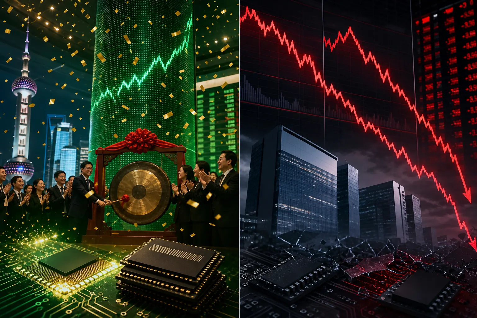 Split screen showing CXMT Shanghai listing celebration contrasted with plunging Samsung and SK Hynix stock tickers in red