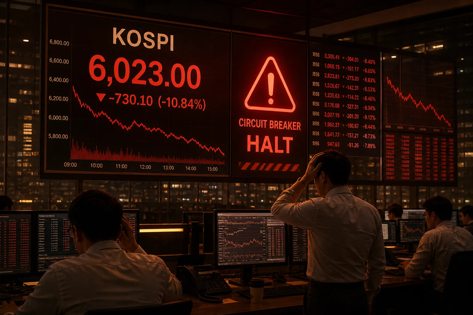 Seoul bank dealing room with electronic boards showing KOSPI down 10.84 percent and a red circuit-breaker halt indicator glowing under harsh amber light