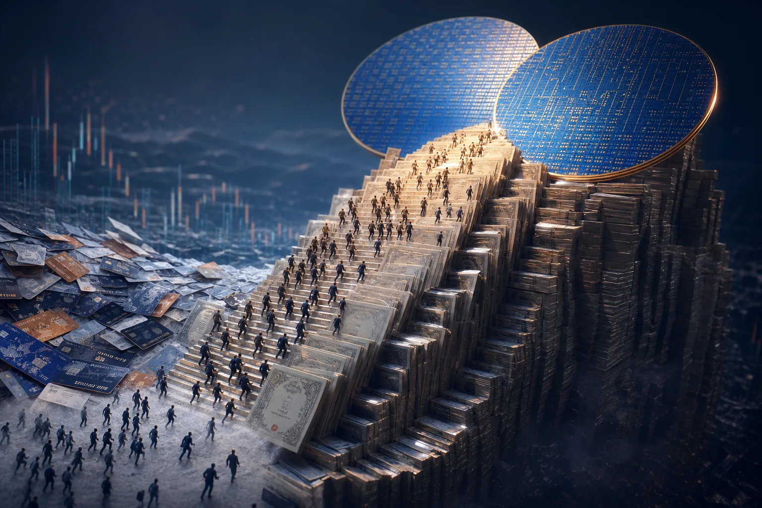 A dense crowd of tiny silhouettes climbs a crystalline staircase of stock certificates toward oversized semiconductor wafers as margin slips cascade behind